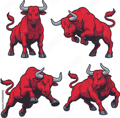 Red bull cartoon illustrations, muscular poses, aggressive stance, charging motion, stylized animal icon, strength symbol, sports mascot, dynamic graphic set