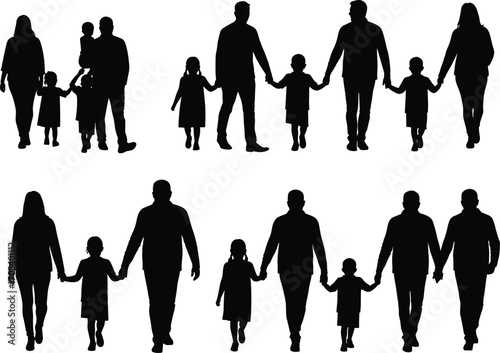 PrintFamily walking silhouette set with parents and kids holding hands, vector illustration for love, unity, parenting, lifestyle, and relationships
