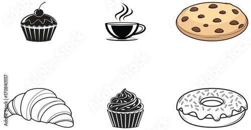 Variety of sweet and hot beverage illustrations cupcake