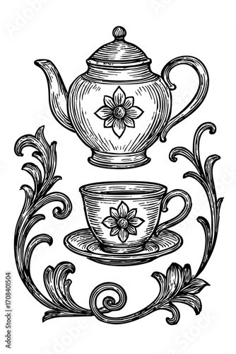 Retro Decorative Vector Artwork of Old English Tea Time Symbols with Ornamental Motifs for Heritage Inspired Wallmate Design