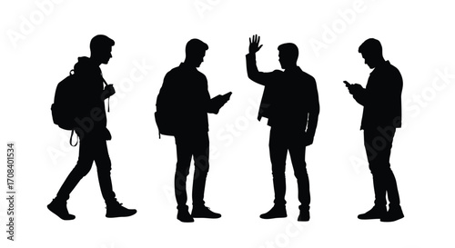 Silhouettes of diverse young men posing and interacting with smartphones and backpacks in casual settings vector