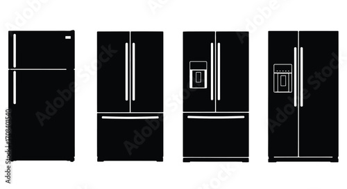 Four diverse black refrigerators showcasing modern kitchen appliance designs side by side vector
