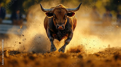 Charging bull in arena, dust clouds, spectators unseen
