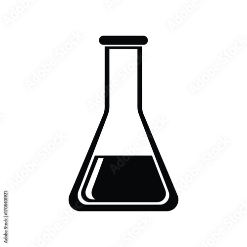 Simple black icon of a laboratory flask filled with dark liquid isolated on white background