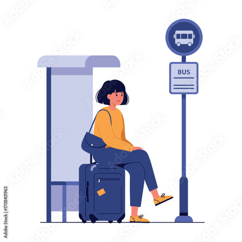 Waiting for the bus young woman at a city stop digital illustration urban setting side view travel concept. Vector illustration