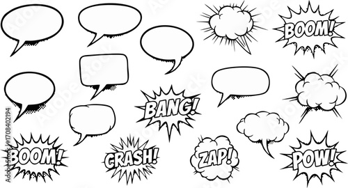 Comic book speech bubbles and sound effects in black and white for creative design