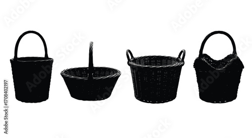 Collection of four black silhouettes of various baskets and buckets vector