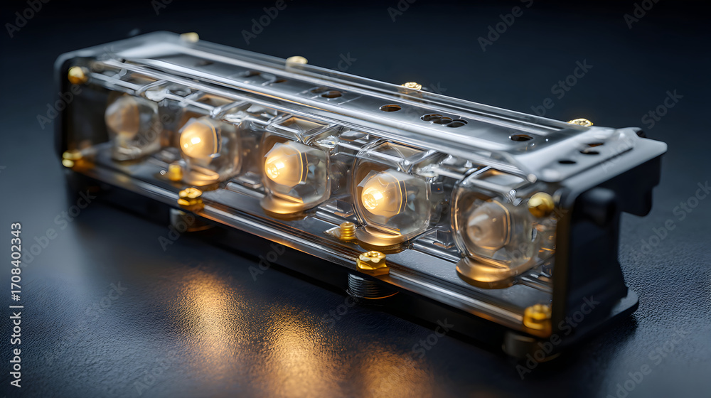Naklejka premium A detailed close-up of a transparent device with illuminated bulbs.