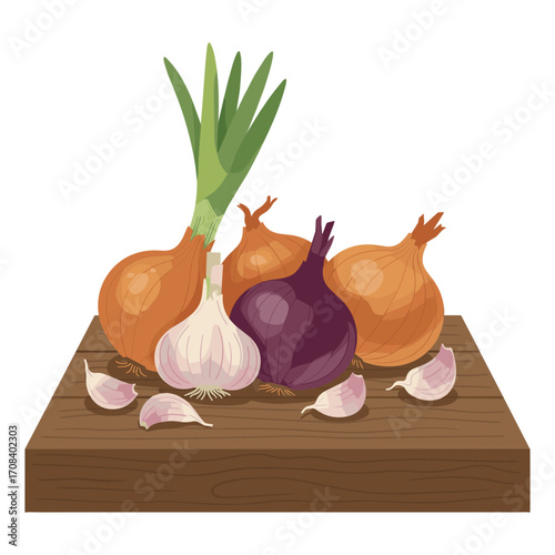 Chopping fresh vegetables kitchen counter digital illustration home environment top-down view culinary art. Vector illustration
