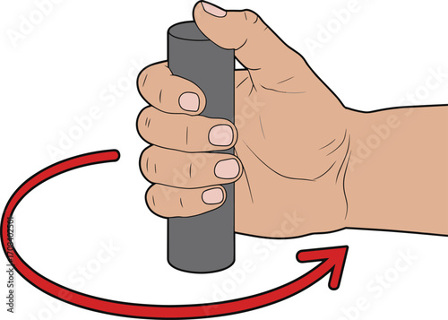 Torque and rotation illustration, hand gripping rod, clockwise force, mechanical motion, physics concept, stylized diagram, simple machine, educational graphic