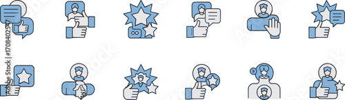 User feedback icons, rating stars, speech bubbles, thumbs up, customer service, profile recognition, blue and gray, digital interface, stylized graphic set