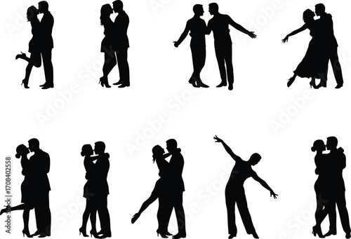 PrintRomantic couple silhouette vector set of kissing, hugging, and dancing poses, perfect for love, Valentine's Day, or relationship-themed designs.