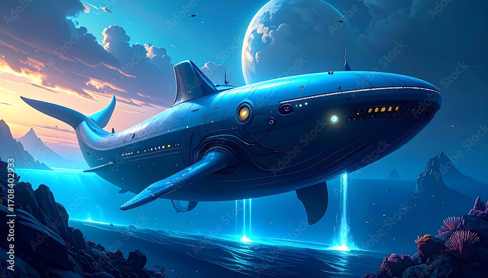 Fototapeta premium Futuristic Whale-Shaped Spaceship Soaring Over Alien Ocean
