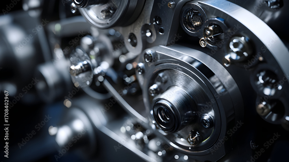 Fototapeta premium Close-up of complex metallic machinery showing gears bolts and mechanical components.