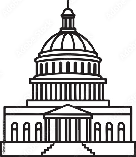 Washington capitol building line art, coloring book page line art drawing, vector and illustration