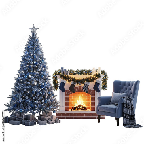 christmas tree and fireplace