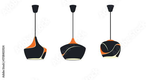 Three Modern Pendant Lights with Black and Orange Accents.