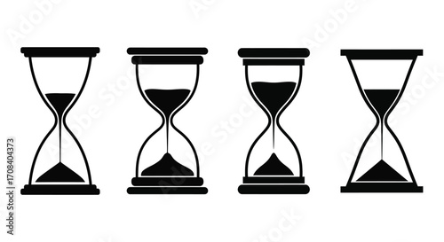 Four simple silhouette hourglasses measuring different amounts of time passing in sequence vector
