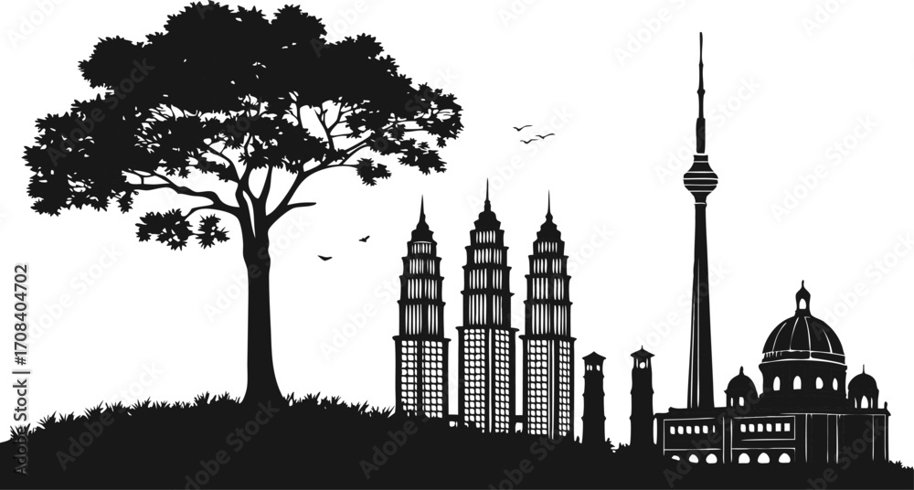 Fototapeta premium Vector art of black silhouette of kuala lumpur city skyline with modern architecture and mosque