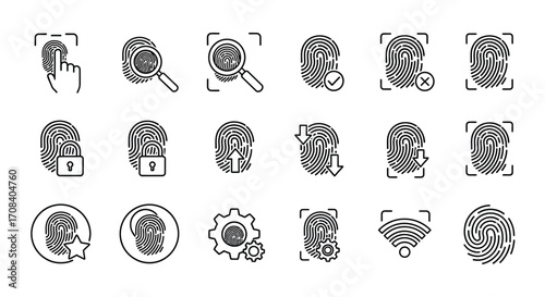 Digital fingerprint icons set security privacy identification authentication biometric data collection vector