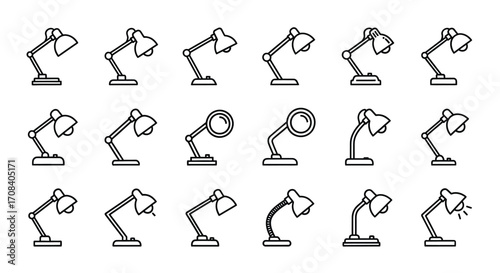 Collection of hand-drawn desk lamp icons with different poses and angles vector