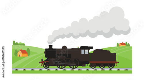 Steam train journey through rolling hills vintage train illustration scenic landscape creative design. Vector illustration
