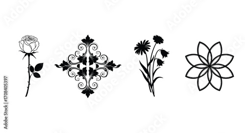 Set of four decorative floral elements and ornate swirls for design and craft projects vector