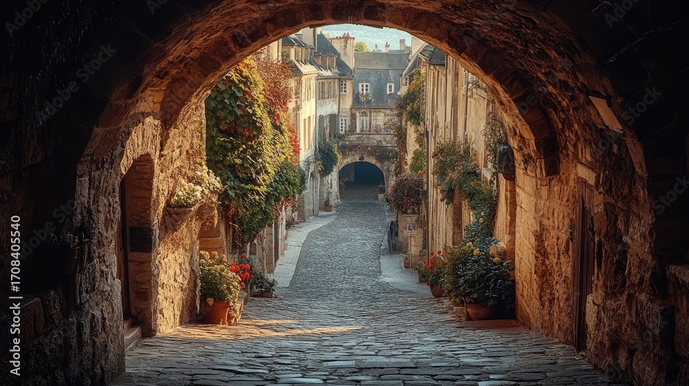 Fototapeta premium Charming Medieval European Town Alleyway Archway