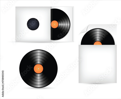 Vinyl records in white sleeves, classic music media, retro audio, vintage sound.