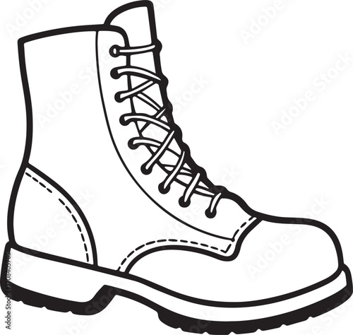 combat boot line art, coloring book page line art drawing, vector and illustration