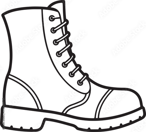 combat boot line art, coloring book page line art drawing, vector and illustration