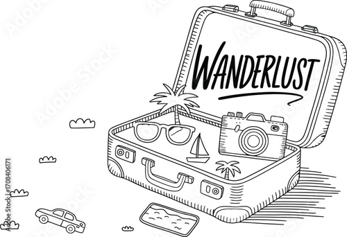 Open suitcase filled with travel items and the word wanderlust written inside