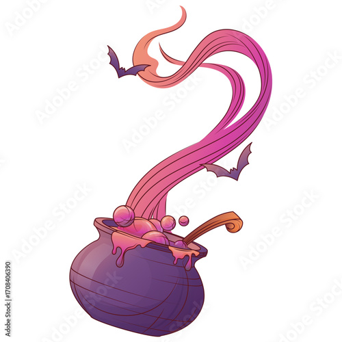Vector illustration of halloween cauldron with pink smoke and bats. Spooky potion bubbling in witch pot, creepy magical element for october holiday design.  For Halloween design