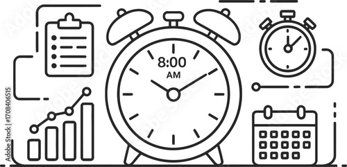 Business time management and planning with alarm clock and calendar icons