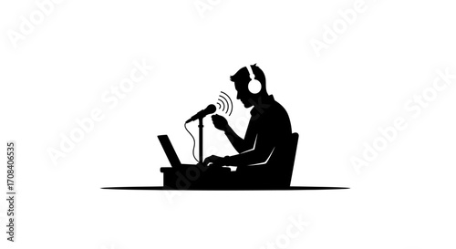 Dynamic podcaster recording audio with headphones and laptop in a minimalist studio setting