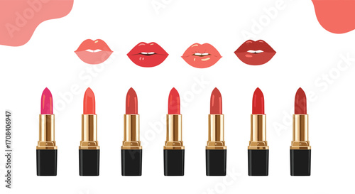 Collection of Lipsticks and Lips in Various Shades of Red and Pink.