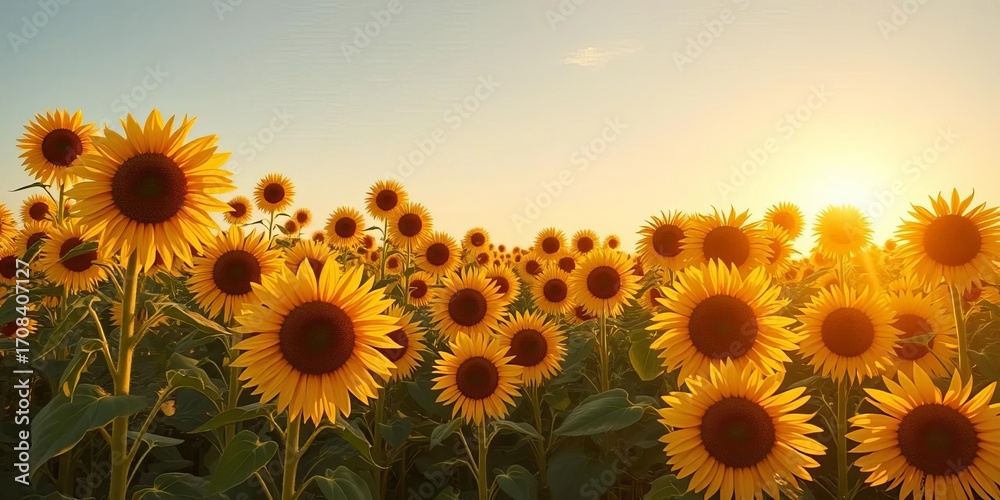 Obraz premium Vast field of sunflowers basking in golden sunlight, towering stalks reaching for the sky, petals, leaves