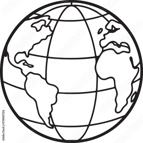 globe with earth line art, coloring book page line art drawing, vector and illustration