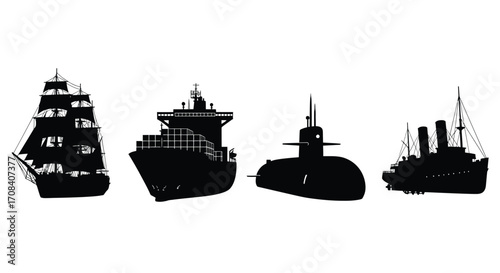 Diverse silhouette collection of naval and merchant ships with sailing vessel and submarine vector