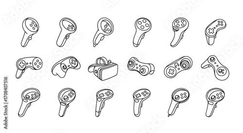 Collection of hand-drawn icons representing vr headsets and controllers diverse angles and designs vector