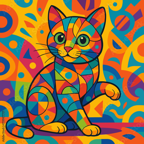 Colorful geometric cat illustration with vibrant patterns on a bright background