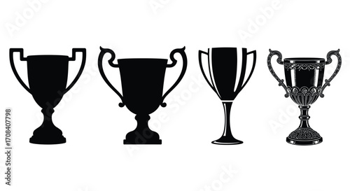 Collection of four distinct trophy silhouettes representing achievement and victory in various competitions vector