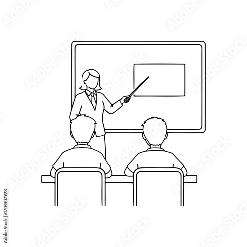 Classroom Teaching Line Art – Teacher Explaining Geometry to Students – Educational Black and White Vector Illustration