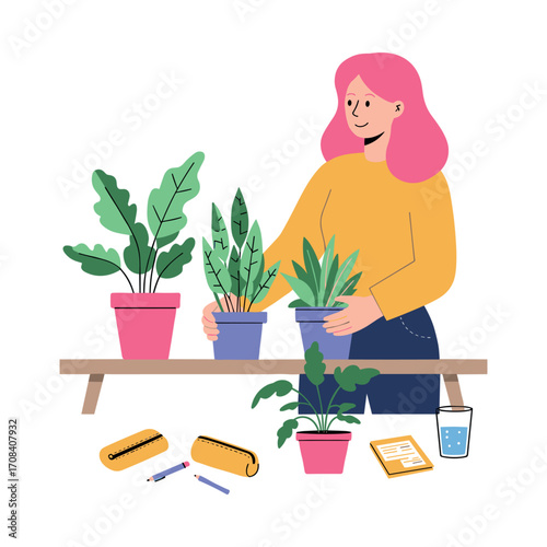 Indoor plant care tips home illustrative guide cozy environment eye-level view gardening enthusiasm. Vector illustration