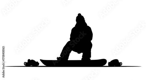 Dynamic snowboarder silhouette poised for action on a clean white background with goggles nearby