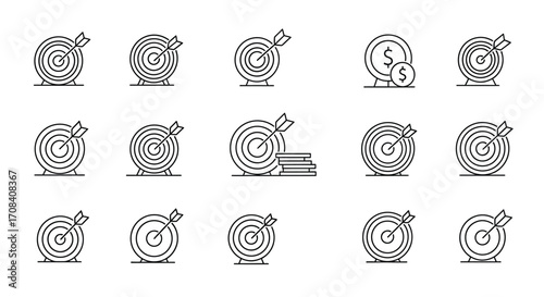 Set of target icons with arrows for business goals strategy success and achievement concepts vector