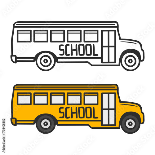 School Bus illustration: An illustration of a classic yellow school bus, capturing its iconic design, with both a detailed line art version and a colorized rendering.