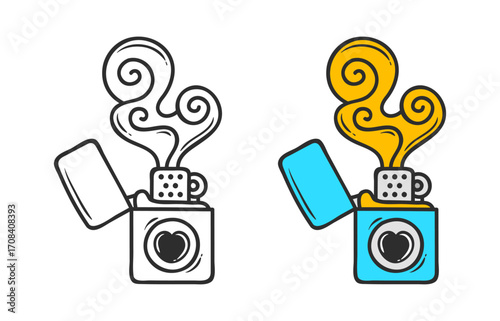 Lighter with heart graphic: A stylized illustration showcases two versions of a lighter, one in monochrome and the other with vibrant color, both featuring a heart-shaped design. 