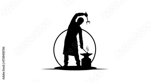 Skilled blacksmith forging metal with hammer on anvil, iconic industrial craftwork silhouette