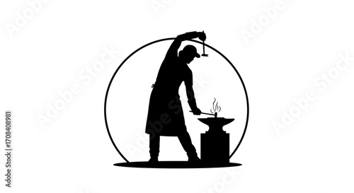 Skilled blacksmith silhouette shaping metal with hammer on anvil, forging artful creations